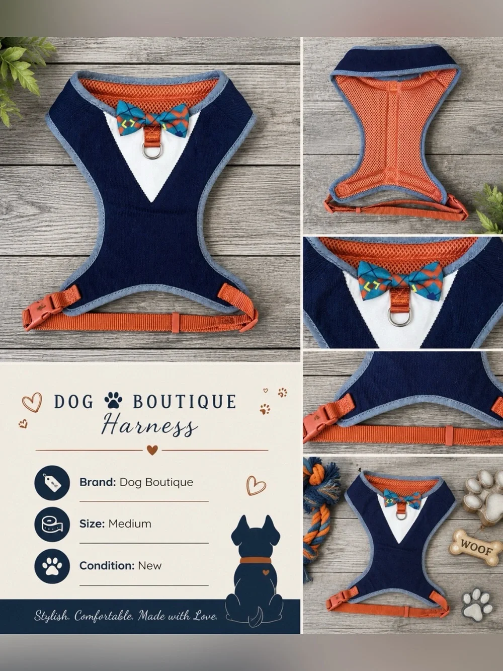 Tuxedo Dog Harness with Bow Tie | Size: Medium Brand New